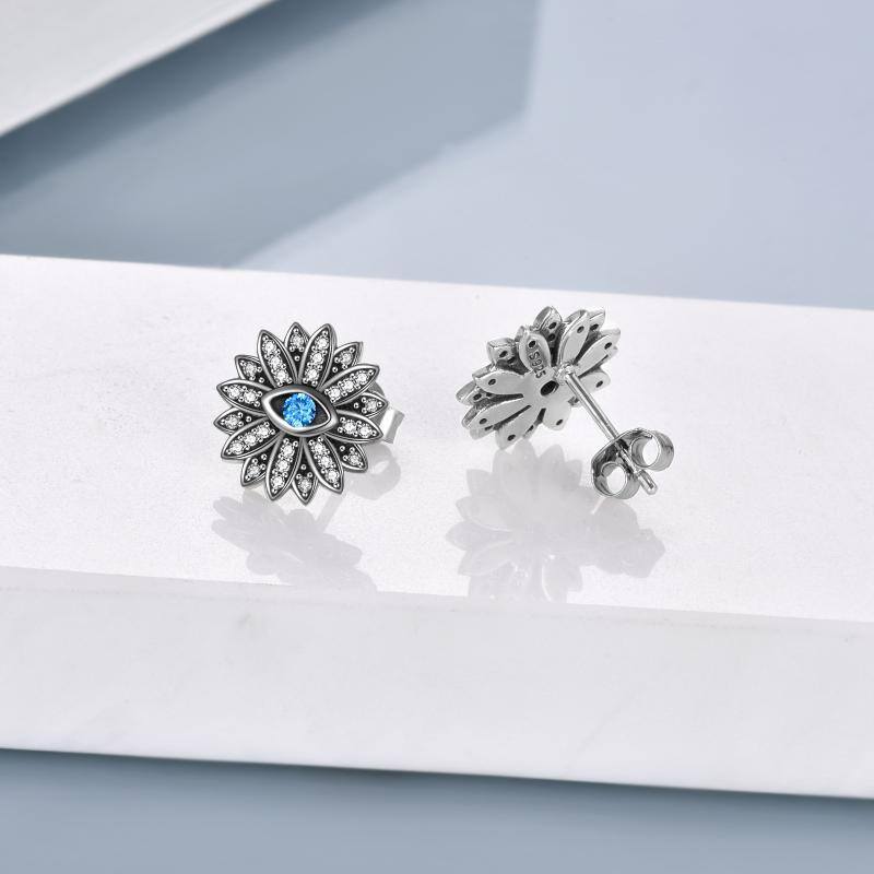 Sterling Silver Cubic Zirconia Lotus & Evil Eye Stud Earrings-4