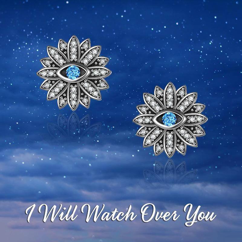 Sterling Silver Cubic Zirconia Lotus & Evil Eye Stud Earrings-5