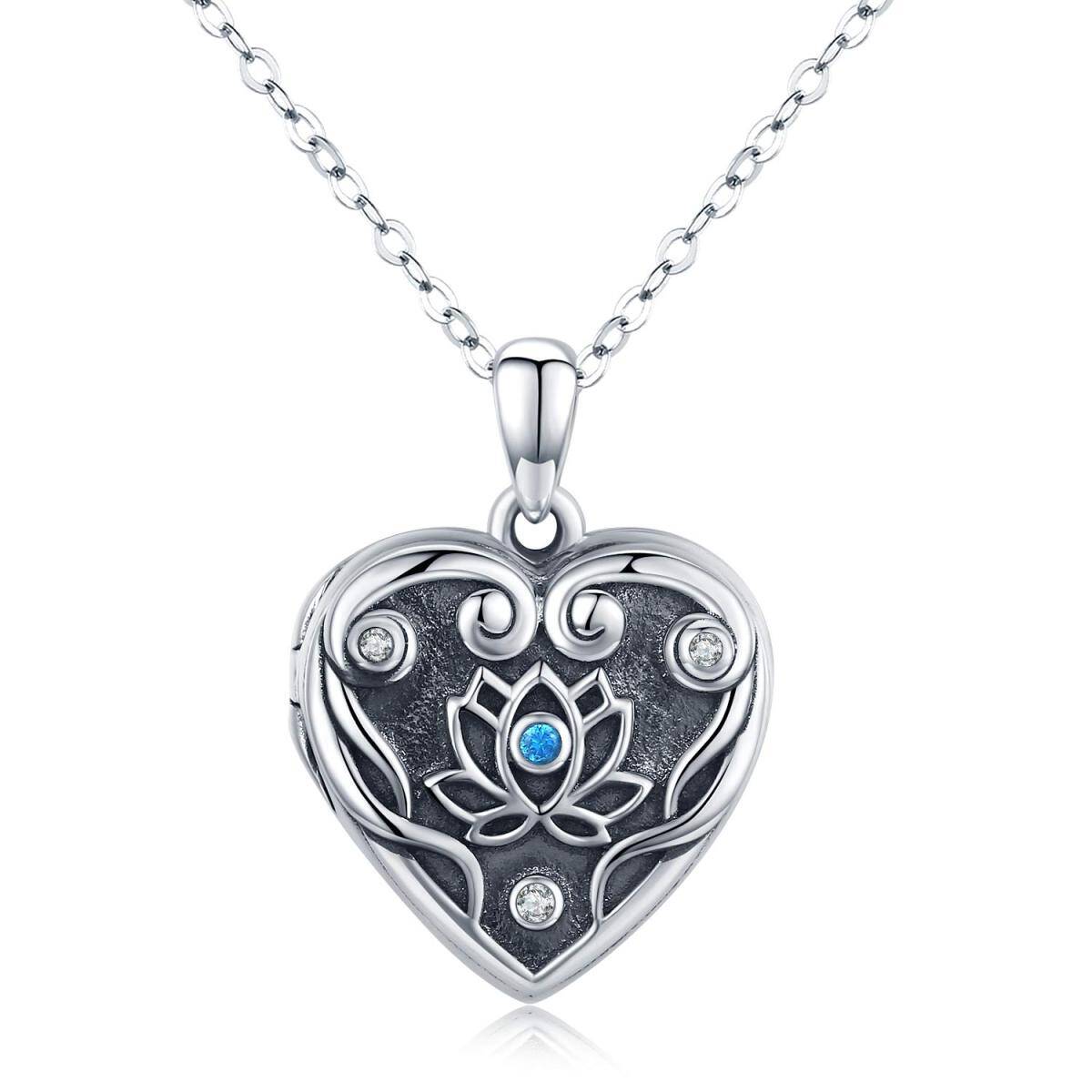 Sterling Silver Cubic Zirconia Lotus & Heart Personalized Photo Locket Necklace-1