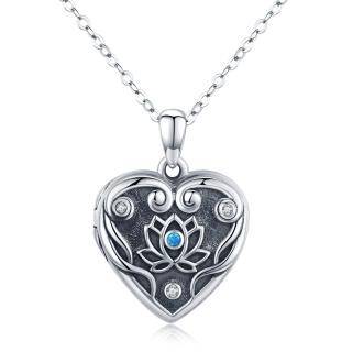 Sterling Silver Cubic Zirconia Lotus & Heart Personalized Photo Locket Necklace-5