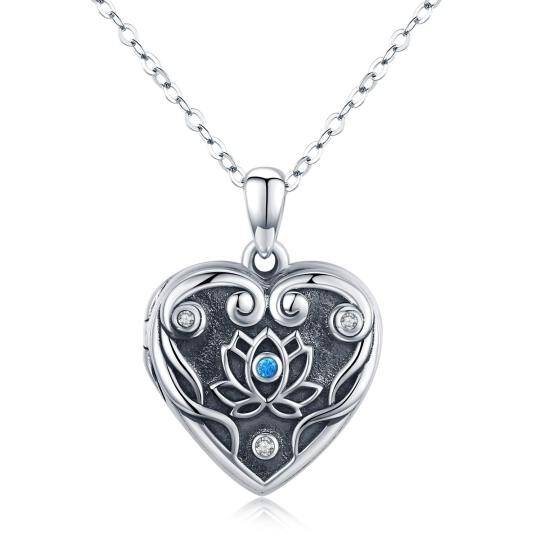 Sterling Silver Cubic Zirconia Lotus & Heart Personalized Photo Locket Necklace