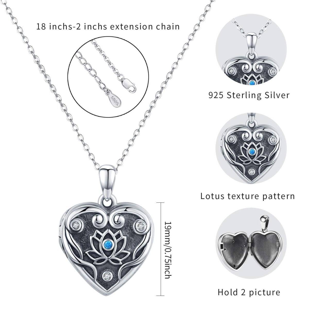 Sterling Silver Cubic Zirconia Lotus & Heart Personalized Photo Locket Necklace-4