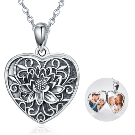 Sterling zilveren lotus & hart gepersonaliseerde fotozakje ketting