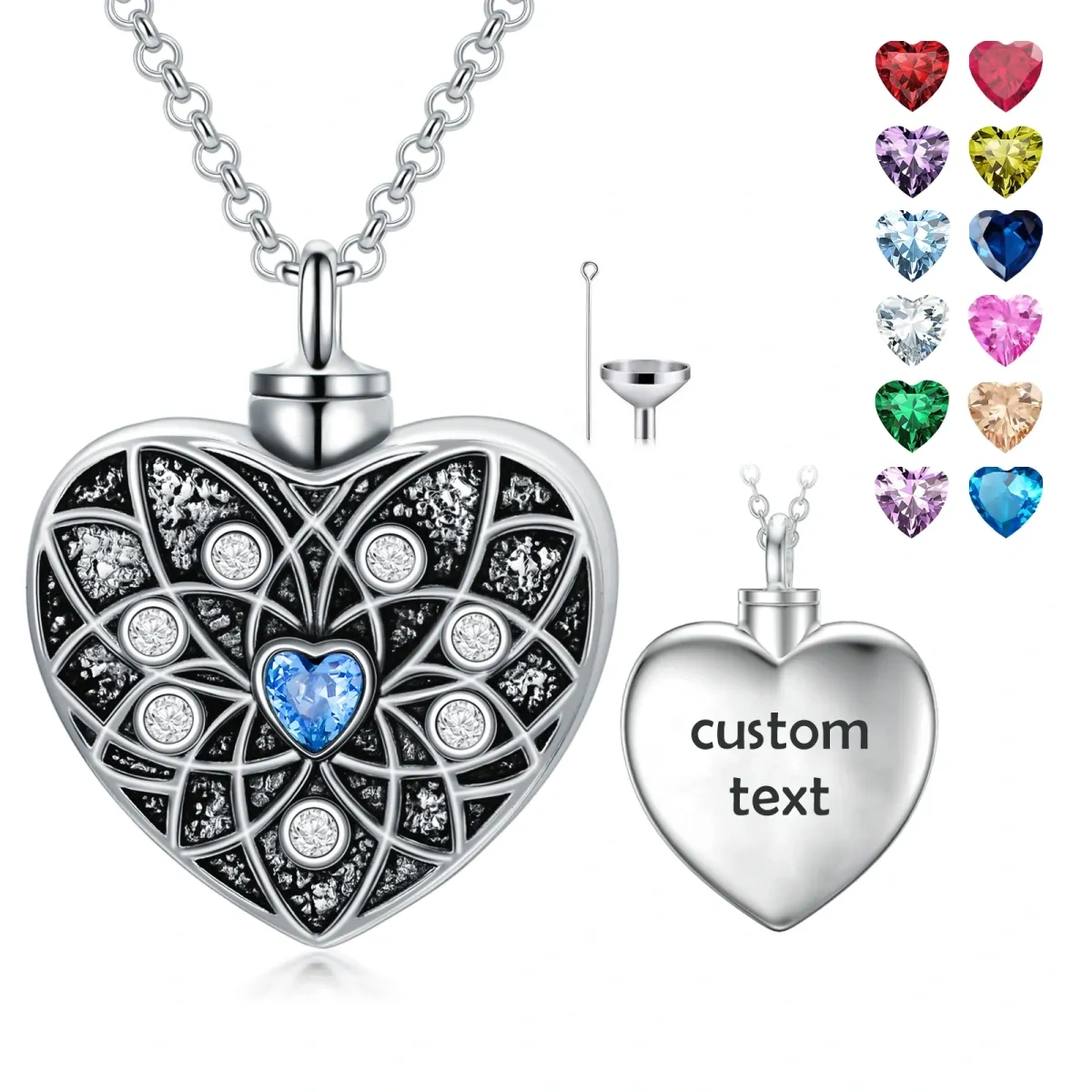 Sterling Silver Cubic Zirconia Lotus & Heart Urn Necklace for Ashes-3