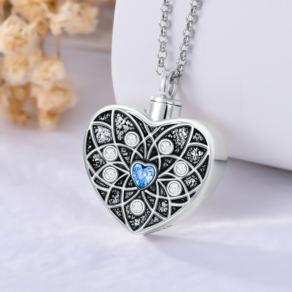 Sterling Silver Cubic Zirconia Lotus & Heart Urn Necklace for Ashes-4