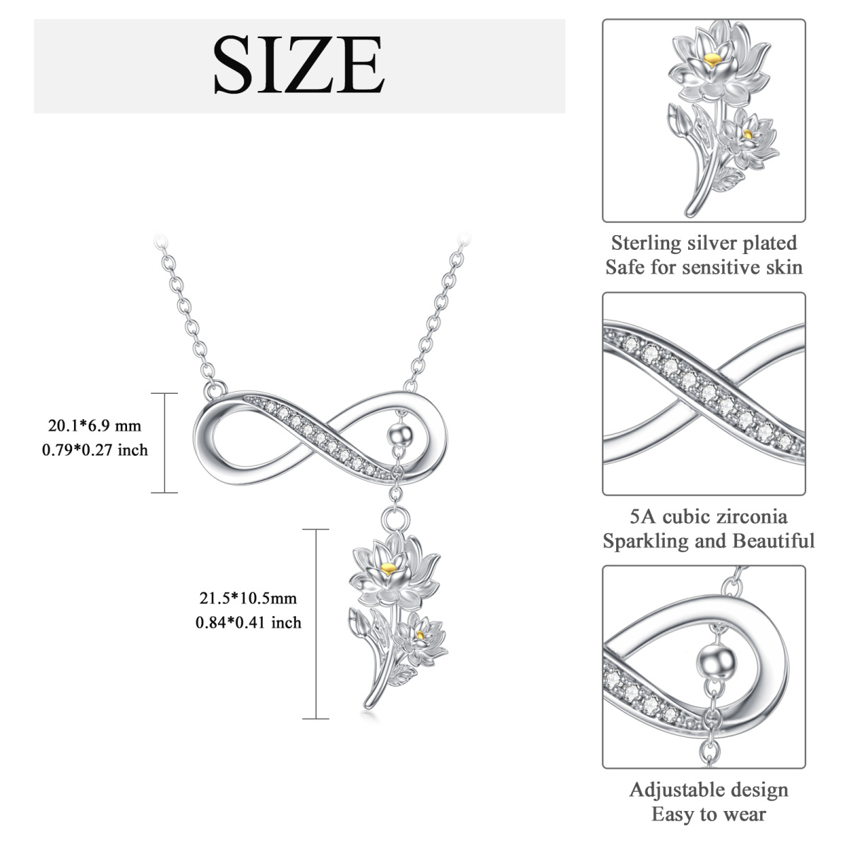 Collier en Y réglable en argent sterling avec zircone cubique et symbole de l'infini du lotus-5