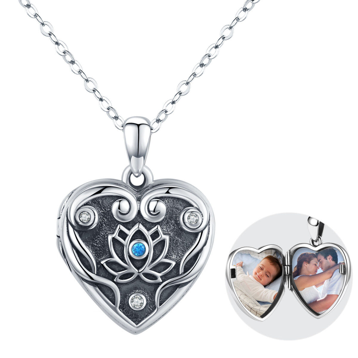 Colar com medalhão de foto personalizada de lótus de zircônia cúbica de prata esterlina para melhor amigo masculino-1