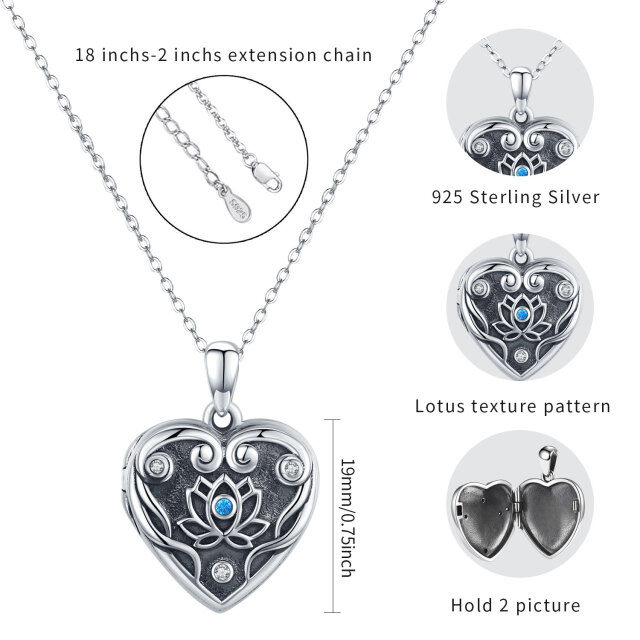 Sterling Silver Cubic Zirconia Lotus & Personalized Photo & Heart Personalized Photo Locket Necklace-3