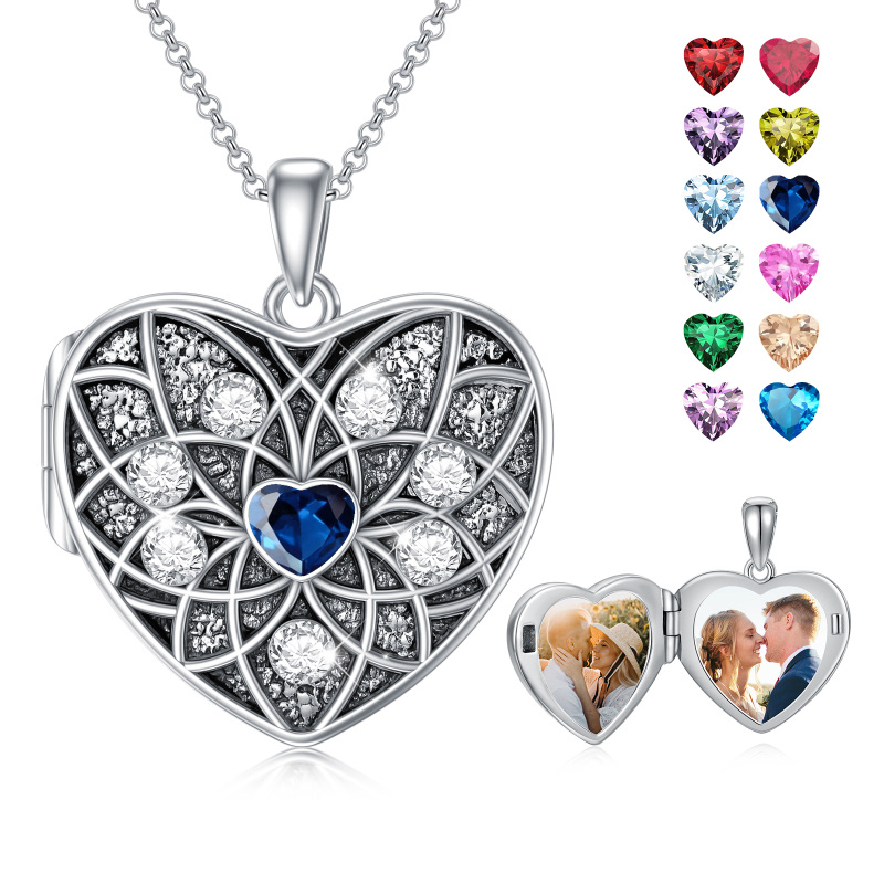 Sterling Silver Cubic Zirconia Lotus Personalized Photo Locket Necklace-12