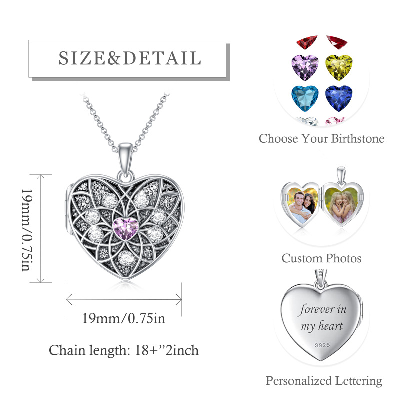 Sterling Silver Cubic Zirconia Lotus Personalized Photo Locket Necklace-6