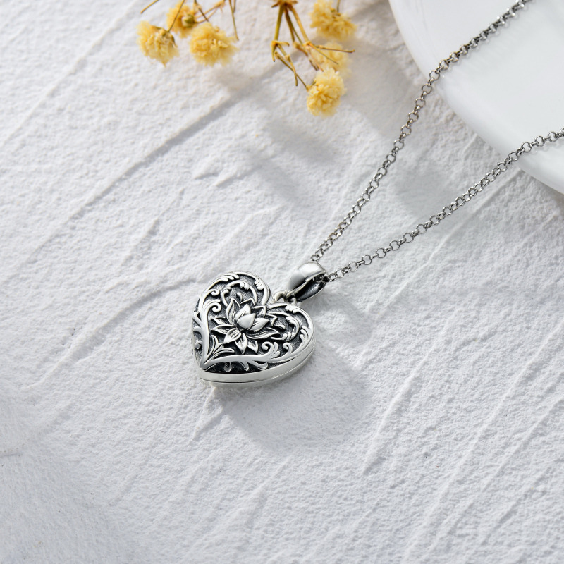 Sterling Silver Lotus Personalized Photo Locket Necklace-3