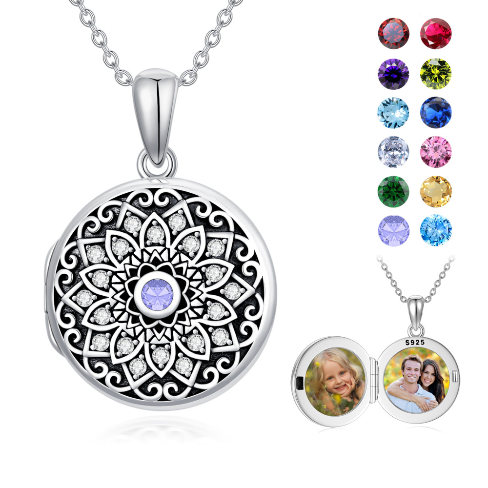 Sterling Silber Lotus Runde Zirkon personalisierte Geburtsstein benutzerdefinierte Foto Medaillon Halskette mit eingraviertem Wort-1
