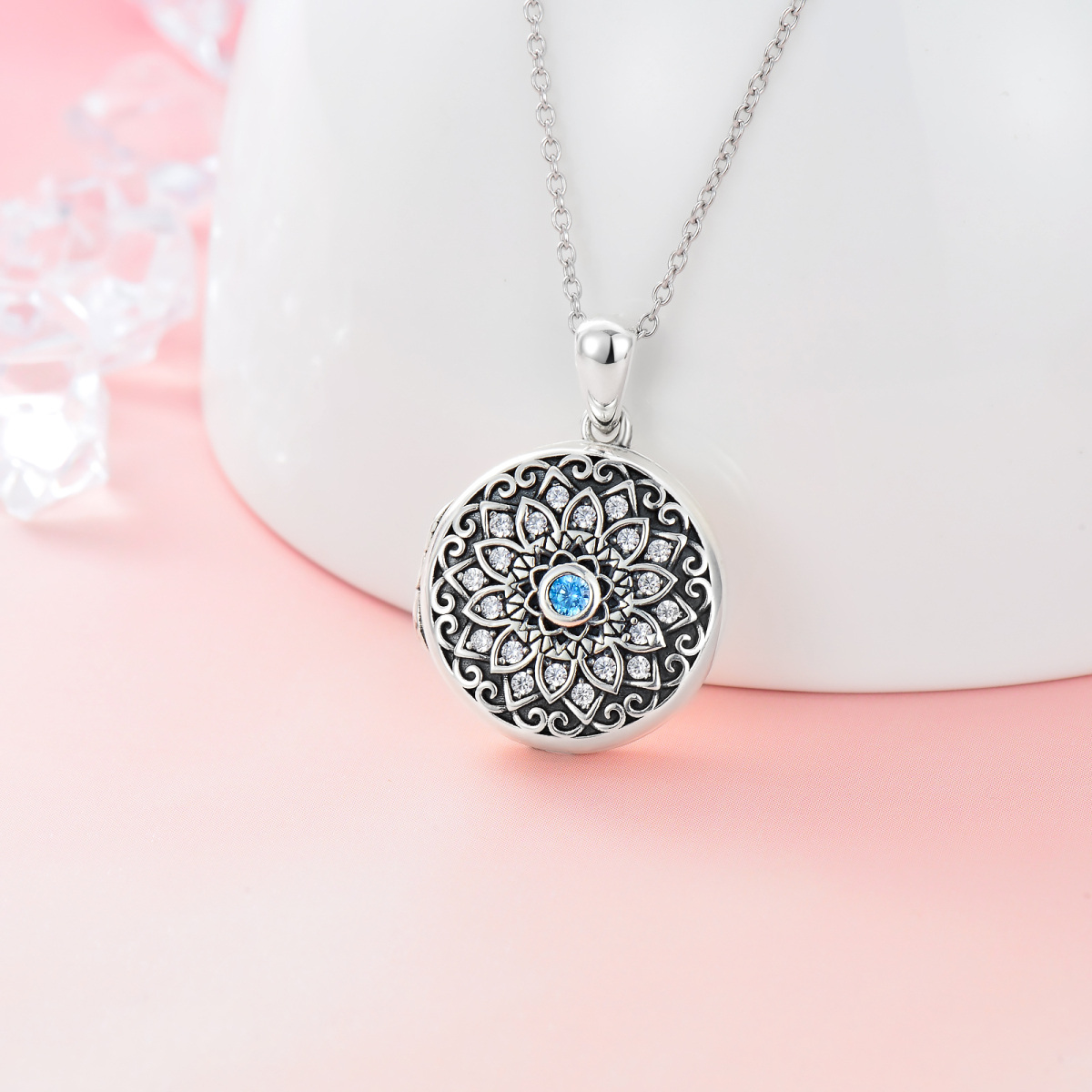 Sterling Silver Lotus Round Zircon Personalized Birthstone Custom Photo Locket Necklace with Engraved Word-3