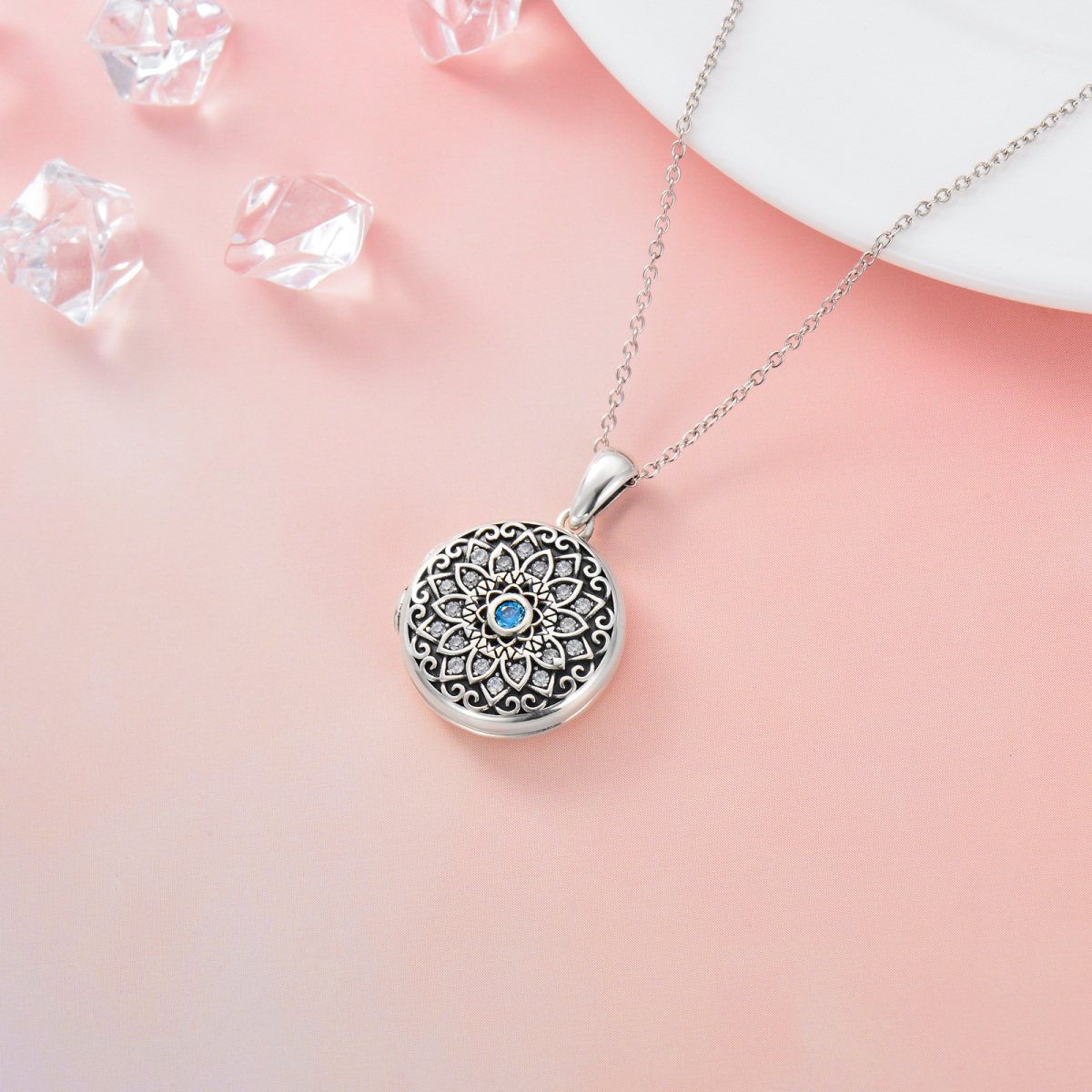 Sterling Silver Lotus Round Zircon Personalized Birthstone Custom Photo Locket Necklace with Engraved Word-5