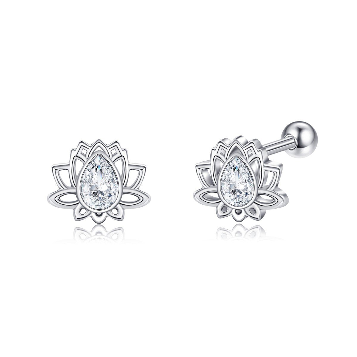 Sterling Silver Cubic Zirconia Lotus Stud Earrings-1