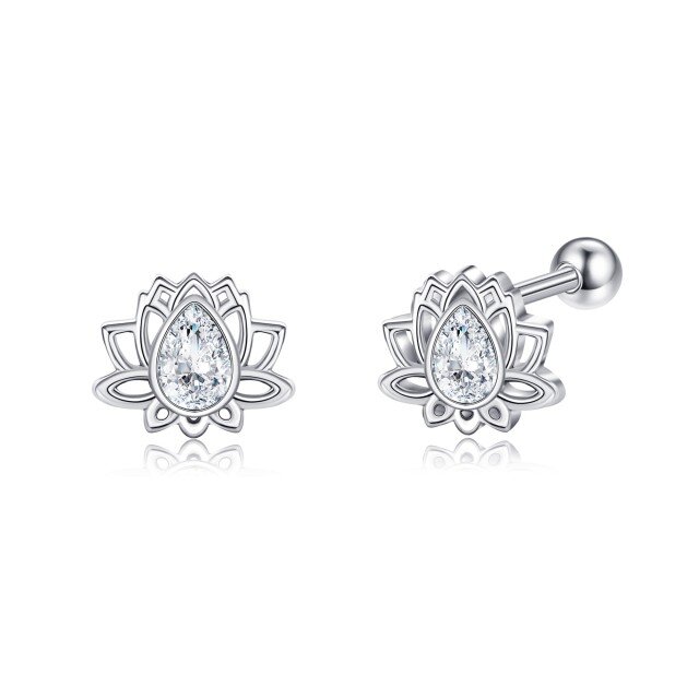 Orecchini a bottone in argento sterling con zirconi cubici a forma di loto-1