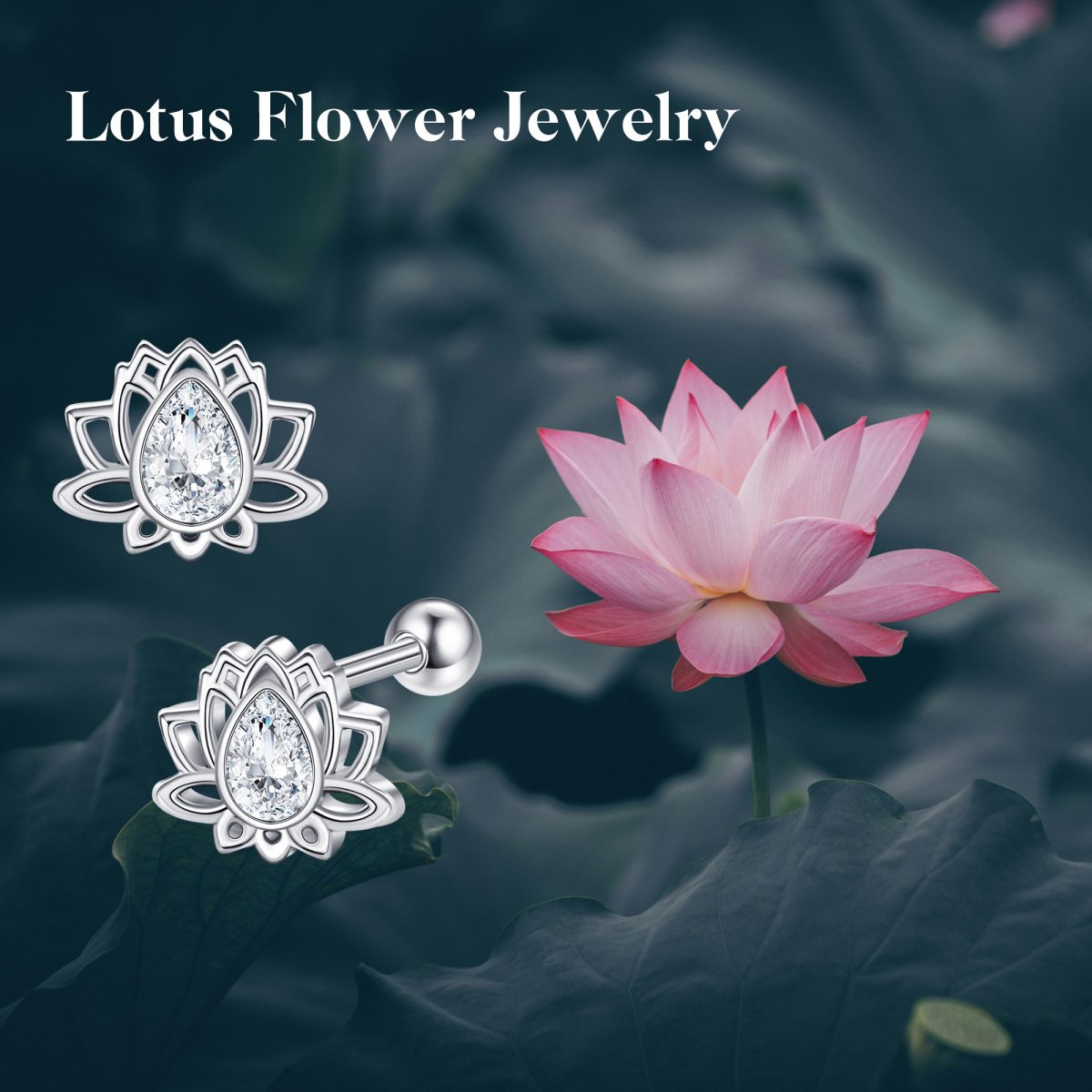 Sterling Silver Cubic Zirconia Lotus Stud Earrings-6