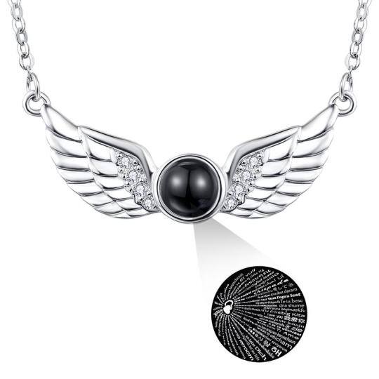 Collier pendentif ailes d'ange en argent sterling avec inscription « Je t'aime en 100 langues »