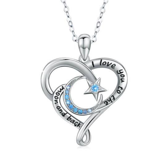 Sterling Silver Cubic Zirconia Heart & Moon & Star Pendant Necklace with Engraved Word