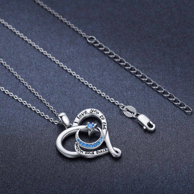 Collana con ciondolo a forma di cuore, luna e stella in argento sterling con zirconi cubici e parola incisa-4