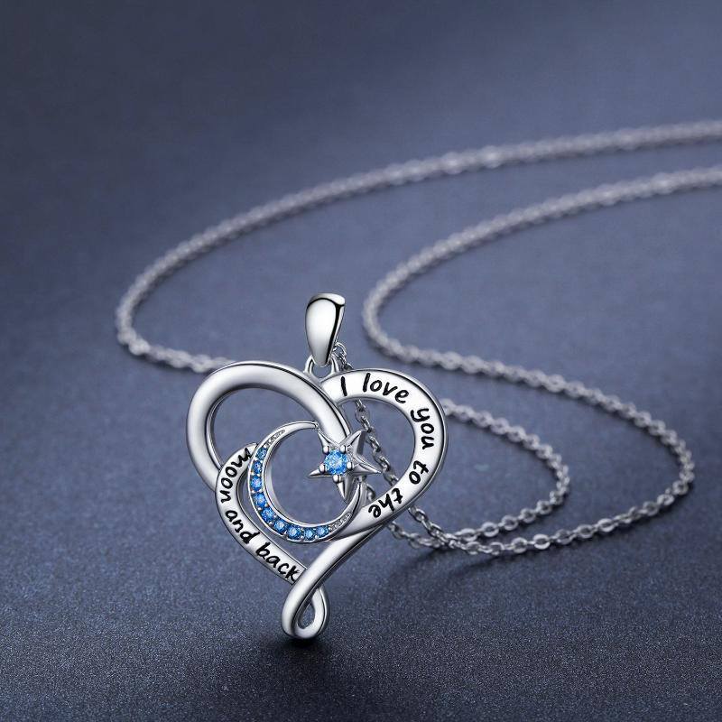 Sterling Silver Cubic Zirconia Heart & Moon & Star Pendant Necklace with Engraved Word-5
