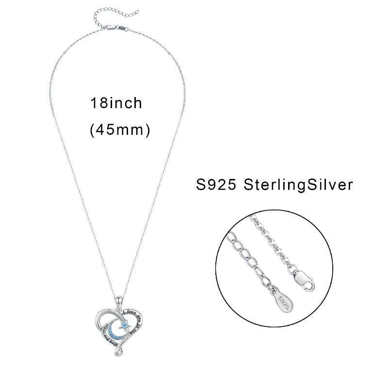 Sterling Silver Cubic Zirconia Heart & Moon & Star Pendant Necklace with Engraved Word-6