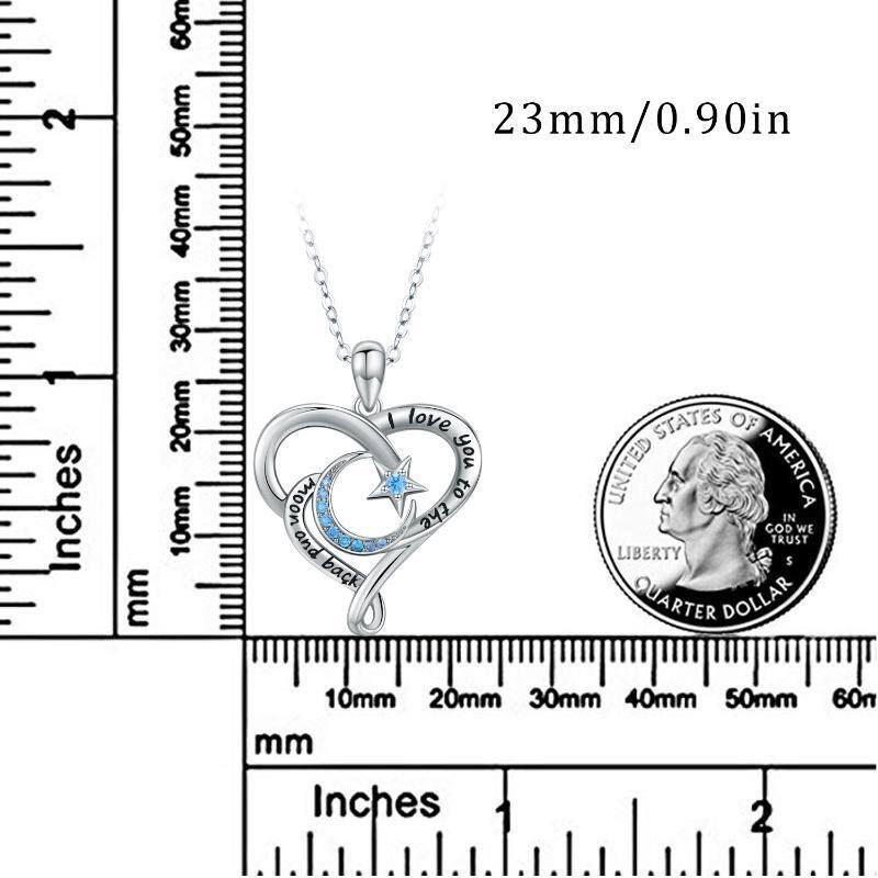 Sterling Silver Cubic Zirconia Heart & Moon & Star Pendant Necklace with Engraved Word-7