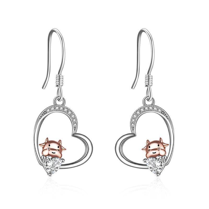 Sterling Silver Two-tone Heart Cow Drop Earrings-1