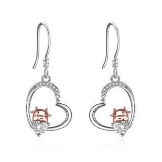 Sterling Silver Two-tone Heart Cow Drop Earrings-58