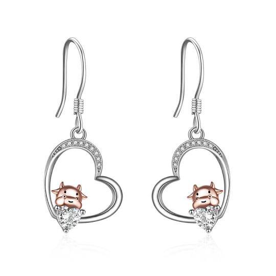 Orecchini pendenti a forma di cuore e mucca in argento sterling bicolore