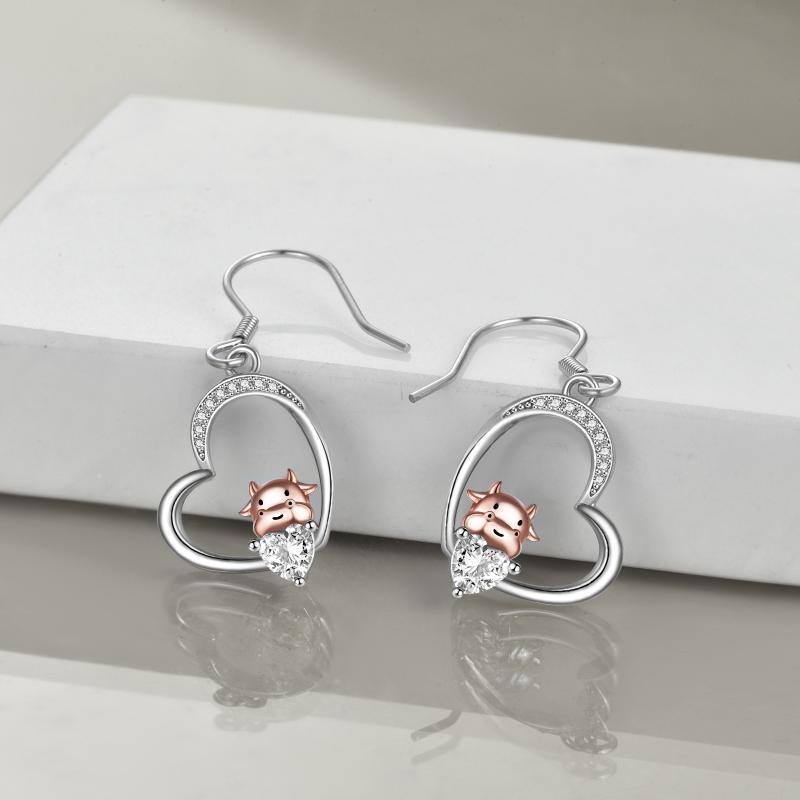Sterling Silver Two-tone Heart Cow Drop Earrings-3