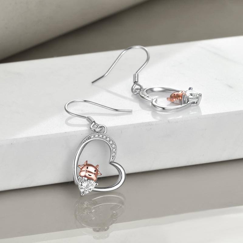 Sterling Silver Two-tone Heart Cow Drop Earrings-4
