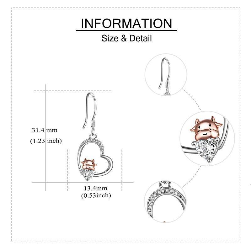 Sterling Silver Two-tone Heart Cow Drop Earrings-5