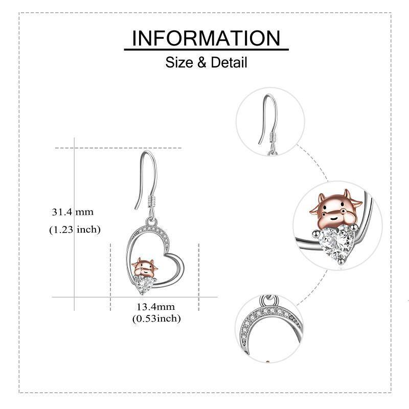 Brincos de prata esterlina com pingente de vaca em formato de coração e dois tons-5