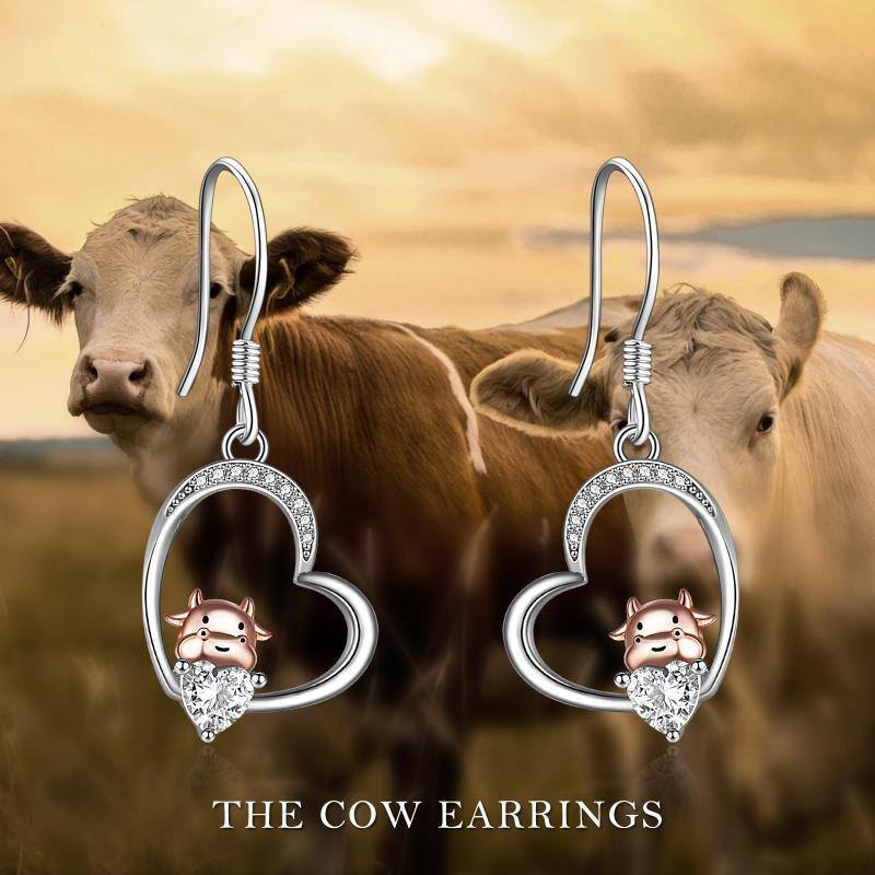 Sterling Silver Two-tone Heart Cow Drop Earrings-6