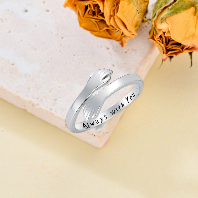 Sterling Silver Lover Couples Embrace Open Ring with Engraved Word-2