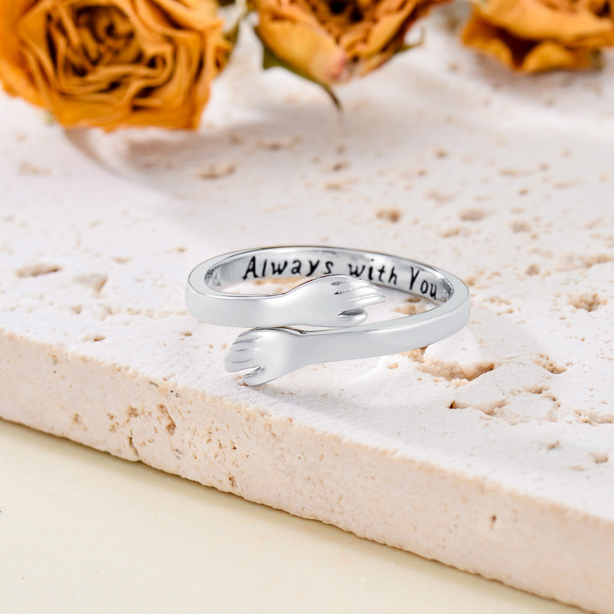 Sterling Silver Lover Couples Embrace Open Ring with Engraved Word-3