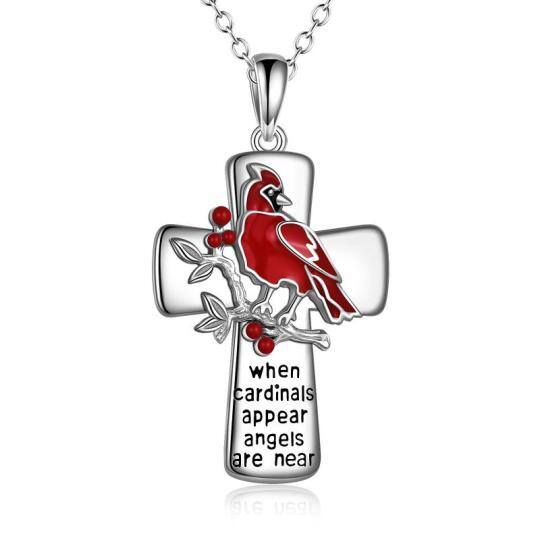 Sterling Silver Lucky Cardinal & Cross Pendant Necklace