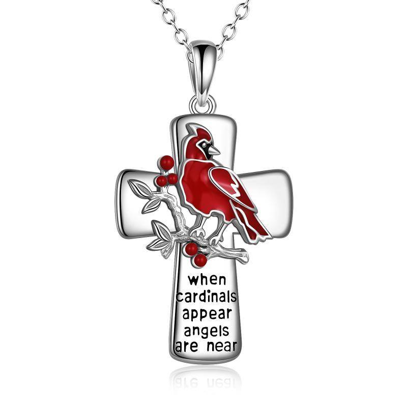 Sterling Silver Lucky Cardinal & Cross Pendant Necklace-14