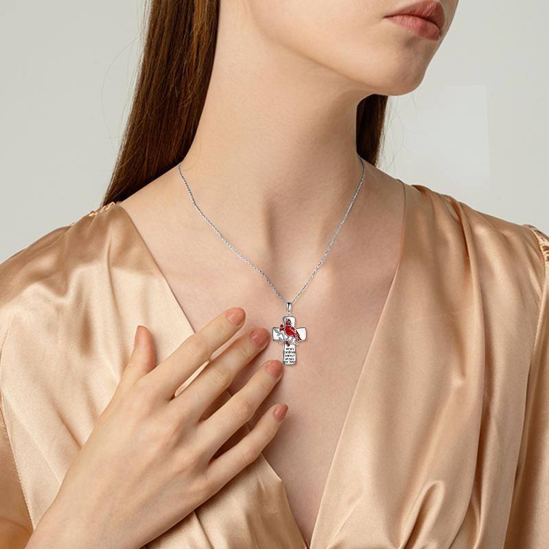 Sterling Silver Lucky Cardinal & Cross Pendant Necklace-2