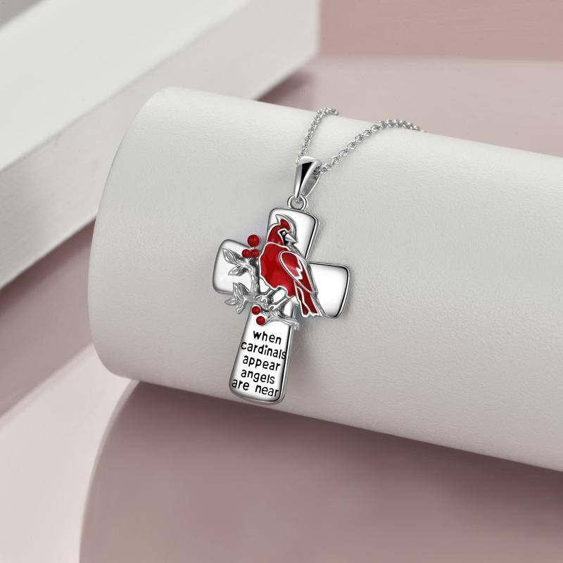 Sterling Silver Lucky Cardinal & Cross Pendant Necklace-3