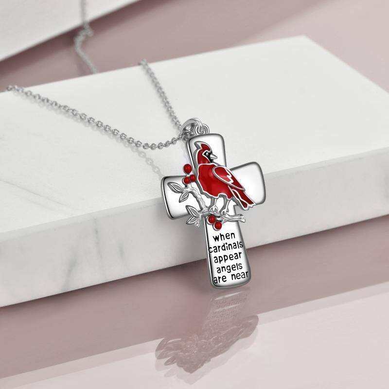 Sterling Silver Lucky Cardinal & Cross Pendant Necklace-4