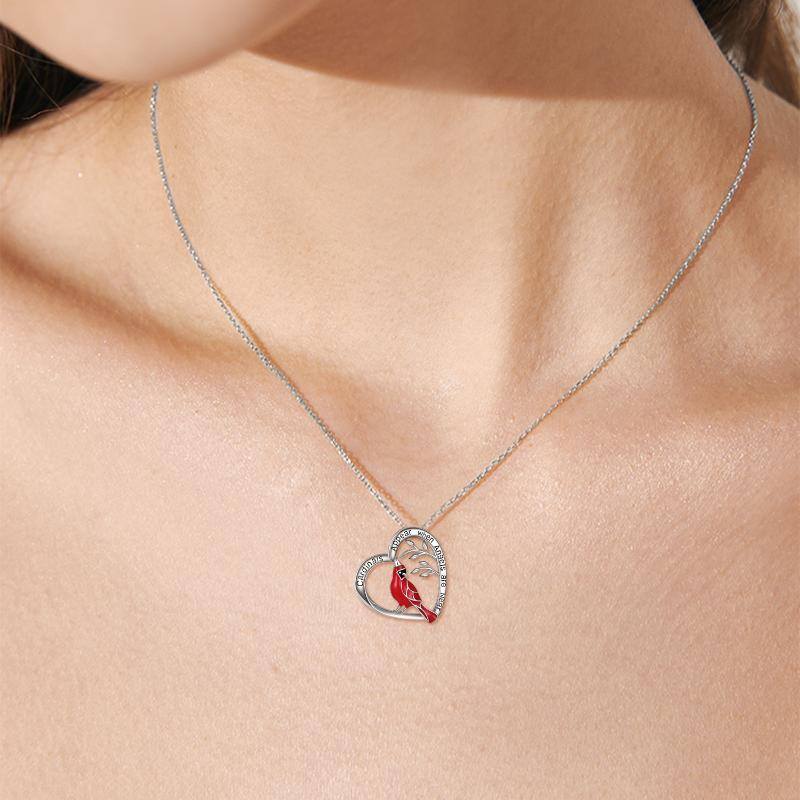 Sterling Silver Lucky Cardinal & Heart Pendant Necklace with Engraved Word-2