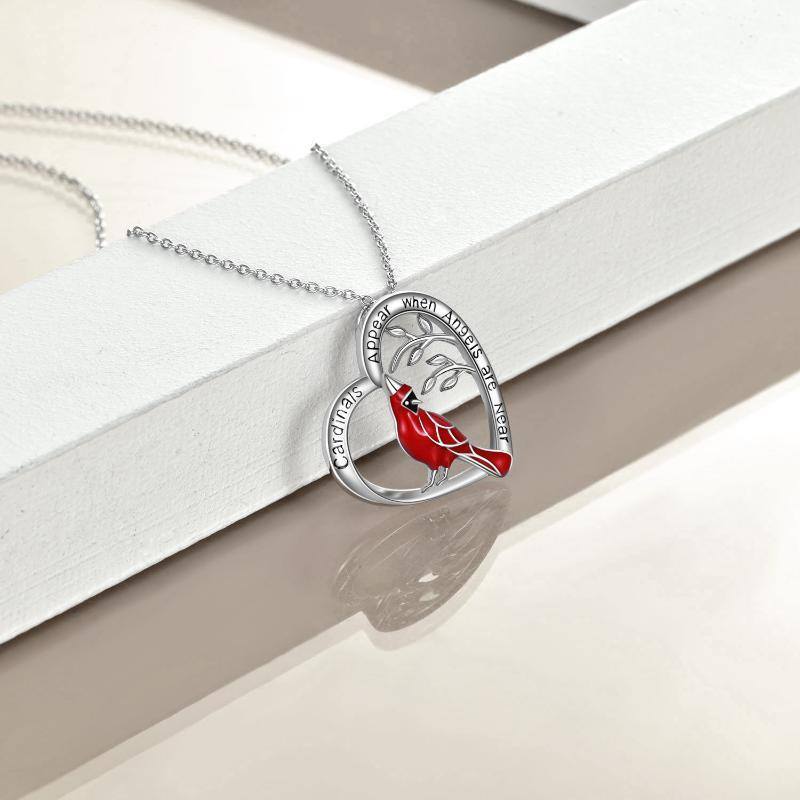 Collar Colgante Cardenal de la Suerte y Corazón de Plata de Ley con Palabra Grabada-3