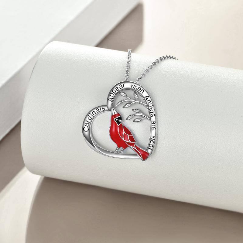 Collar Colgante Cardenal de la Suerte y Corazón de Plata de Ley con Palabra Grabada-4