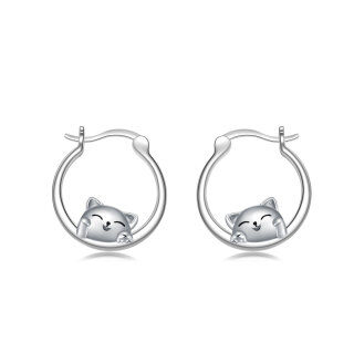 Sterling Silver Lucky Cat Hoop Earrings-10