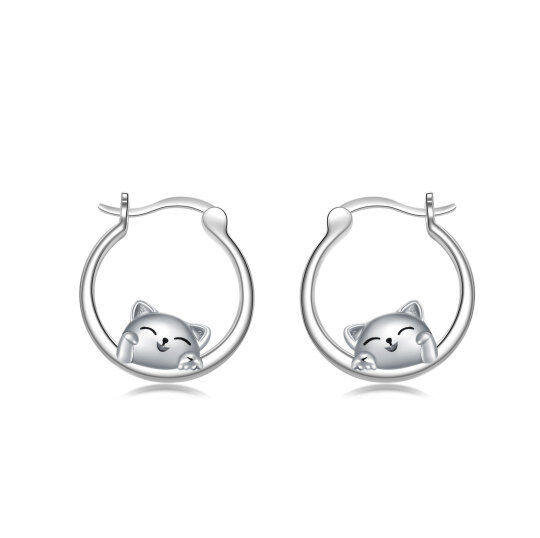 Pendientes de aro Lucky Cat de plata de ley