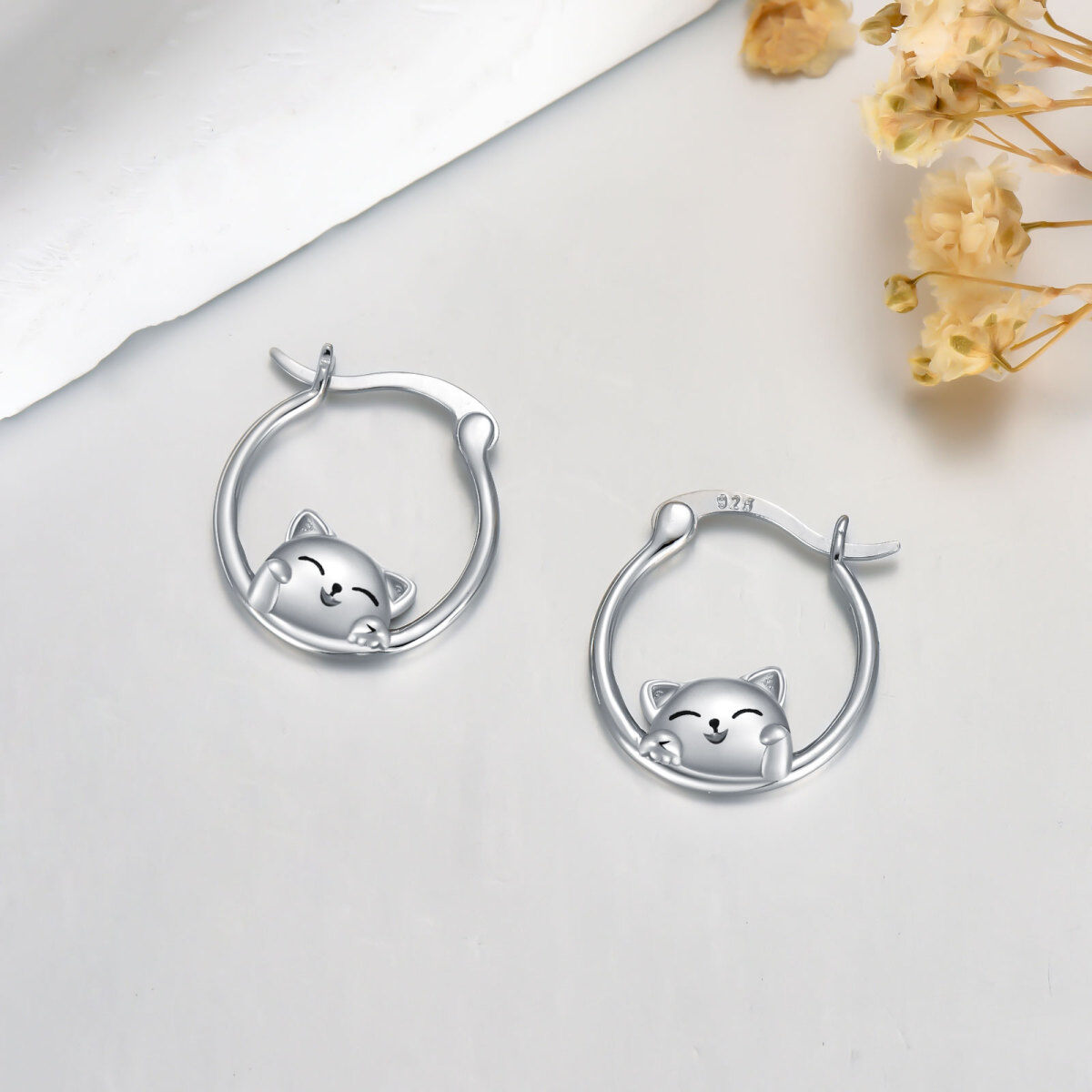 Sterling Silver Lucky Cat Hoop Earrings-3