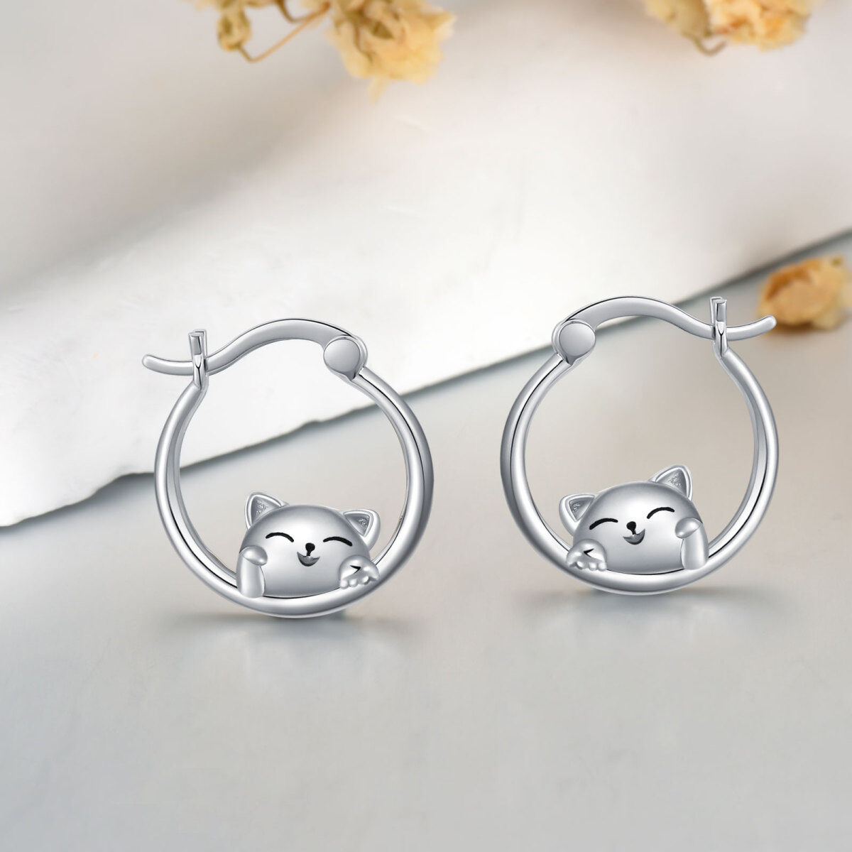 Sterling Silver Lucky Cat Hoop Earrings-4