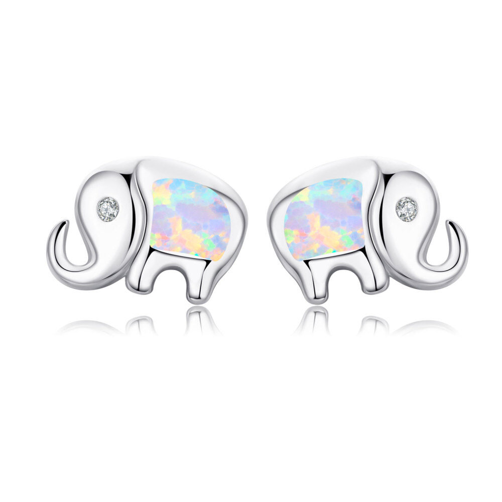 Sterling Silver Cubic Zirconia & Opal Elephant Stud Earrings-1